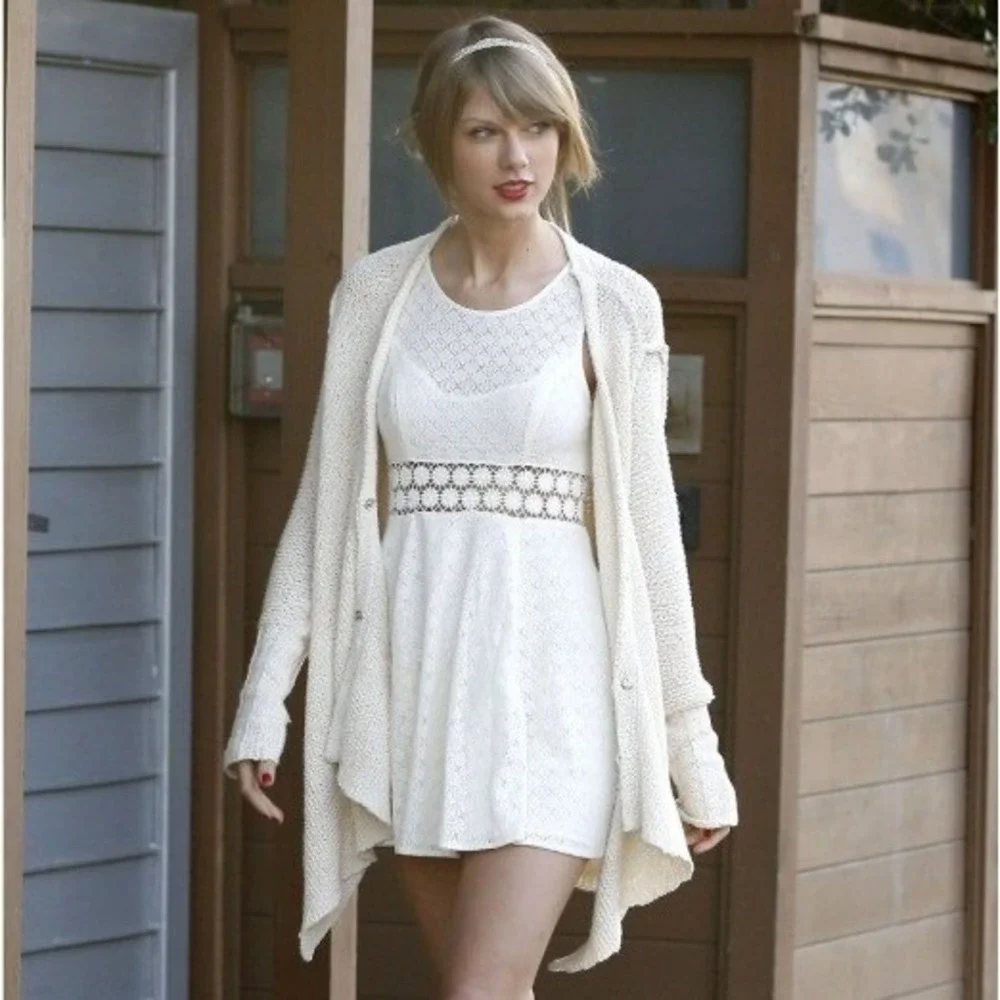 Free People Cardigan XS Cream Oversized Open Knit Draped Handkerchief Hem Pocket